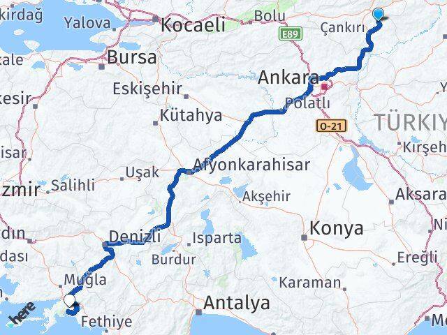 Çankırı Yapraklı Muğla Arası Kaç Km - Yol Haritası