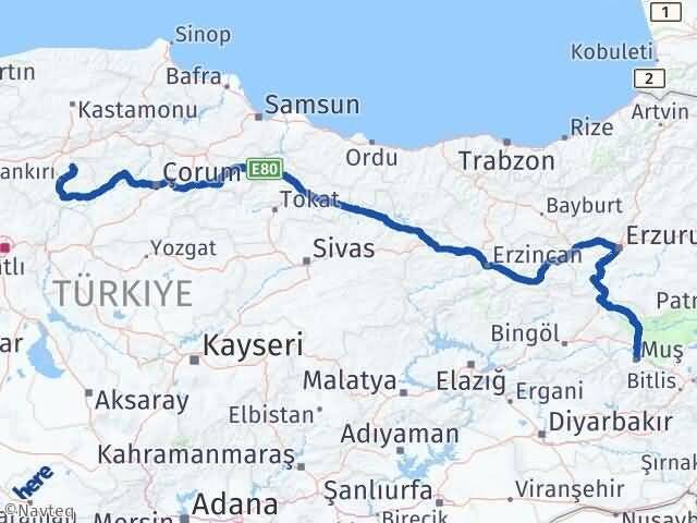 Çankırı Yapraklı Muş Arası Kaç Km - Yol Haritası