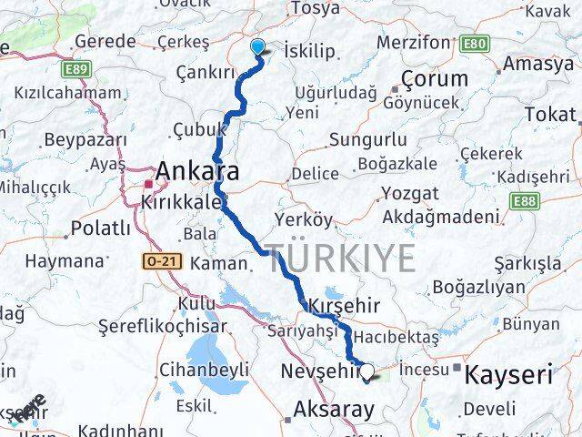 Çankırı Yapraklı Nevşehir Arası Kaç Km - Yol Haritası