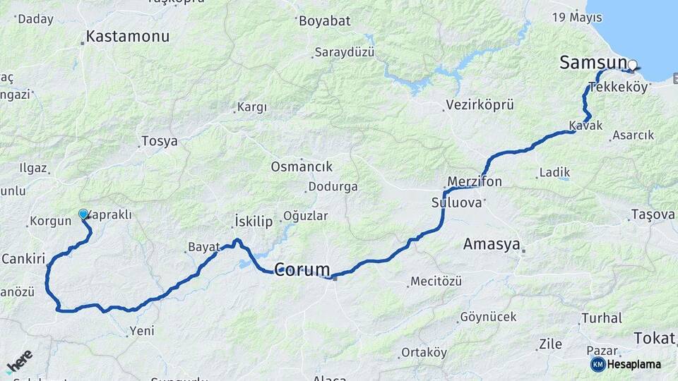 Çankırı Yapraklı Samsun Arası Kaç Km - Yol Haritası