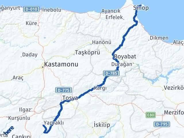Çankırı Yapraklı Sinop Arası Kaç Km - Yol Haritası