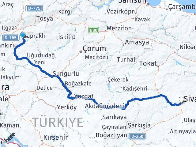 Çankırı Yapraklı Sivas Arası Kaç Km - Yol Haritası