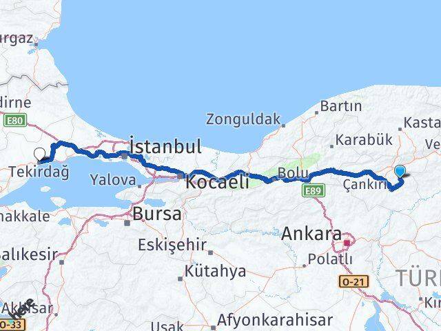 Çankırı Yapraklı Tekirdağ Arası Kaç Km - Yol Haritası