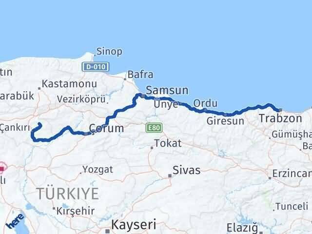 Çankırı Yapraklı Trabzon Arası Kaç Km - Yol Haritası