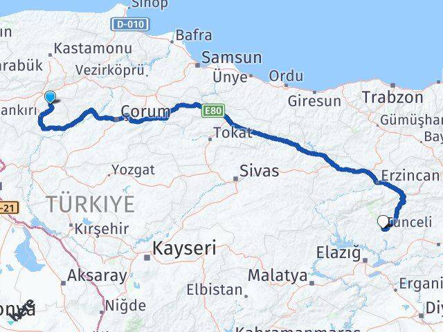 Çankırı Yapraklı Tunceli Arası Kaç Km - Yol Haritası