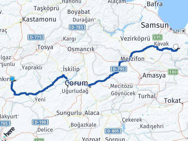 Çankırı Yarımca Asarcık Samsun Arası Kaç Km - Yol Haritası