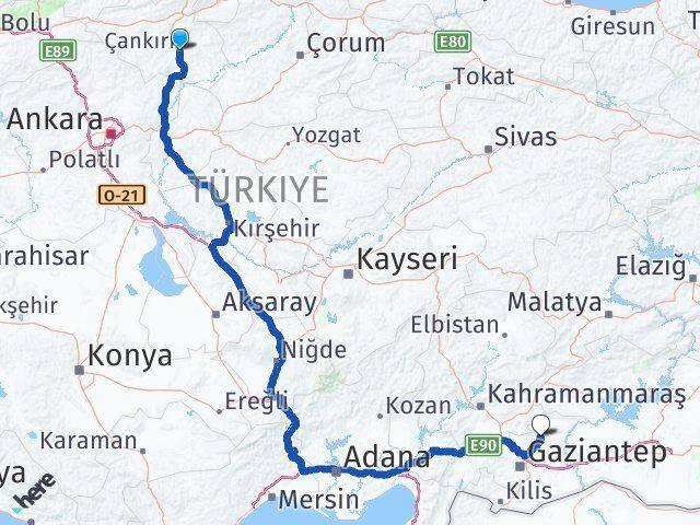 Çankırı Yavuzeli Gaziantep Arası Kaç Km - Yol Haritası