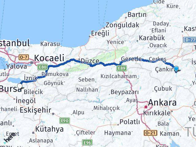 Çankırı Yenişehir Bursa Arası Kaç Km - Yol Haritası
