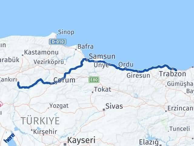 Çankırı Yomra Trabzon Arası Kaç Km - Yol Haritası