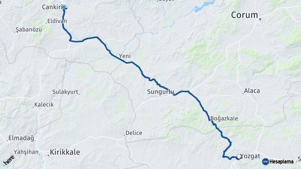 Çankırı Yozgat Arası Kaç Km - Yol Haritası