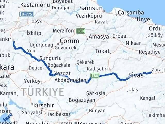Çankırı Zara Sivas Arası Kaç Km - Yol Haritası