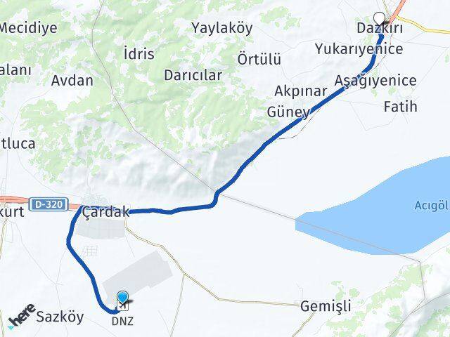 Çardak Havalimanı Dazkırı Arası Kaç Km - Yol Tarifi