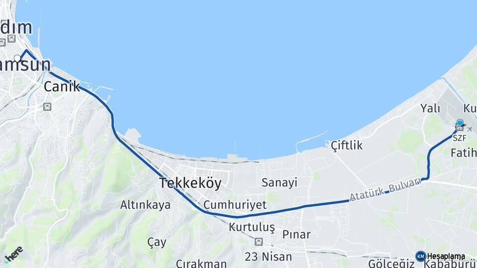 Çarşamba Havalimanı Samsun Arası Kaç Km - Yol Tarifi
