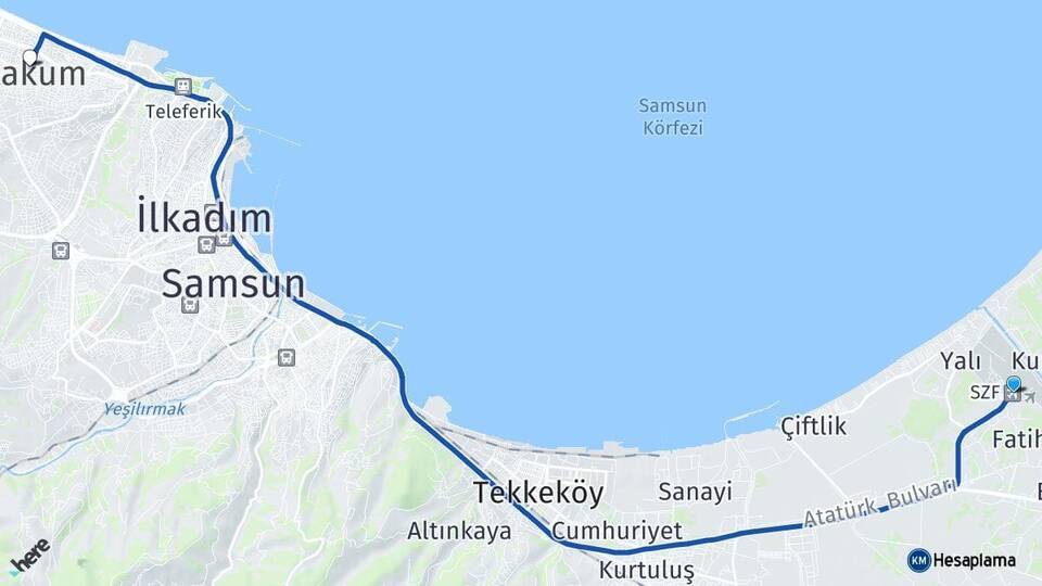 Çarşamba Havalimanı Atakum Arası Kaç Km - Yol Tarifi