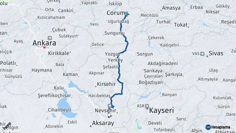 Çorum Acıgöl Nevşehir Arası Kaç Km - Yol Haritası