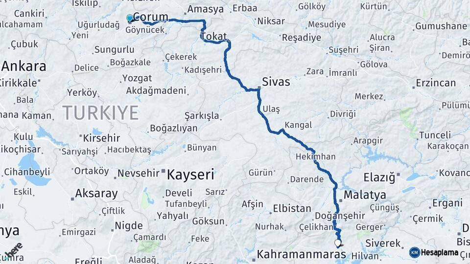 Çorum Adıyaman Arası Kaç Km - Yol Haritası