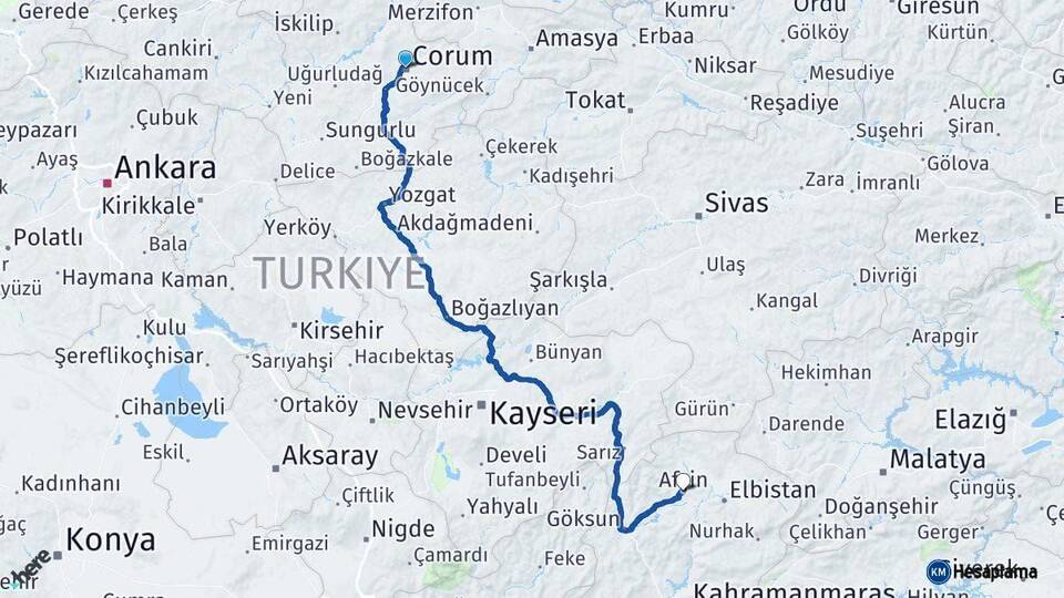 Çorum Afşin Kahramanmaraş Arası Kaç Km - Yol Haritası