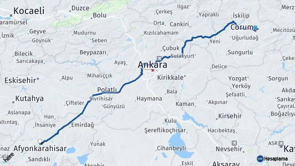 Çorum Afyonkarahisar Arası Kaç Km - Yol Haritası