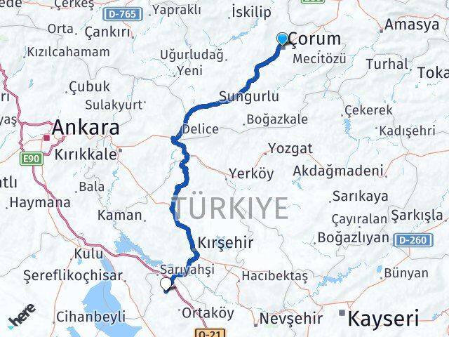 Çorum Ağaçören Aksaray Arası Kaç Km - Yol Haritası