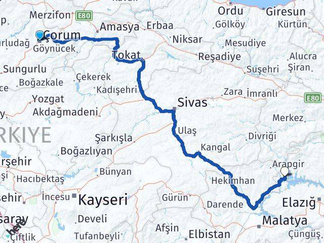 Çorum Ağın Elazığ Arası Kaç Km - Yol Haritası