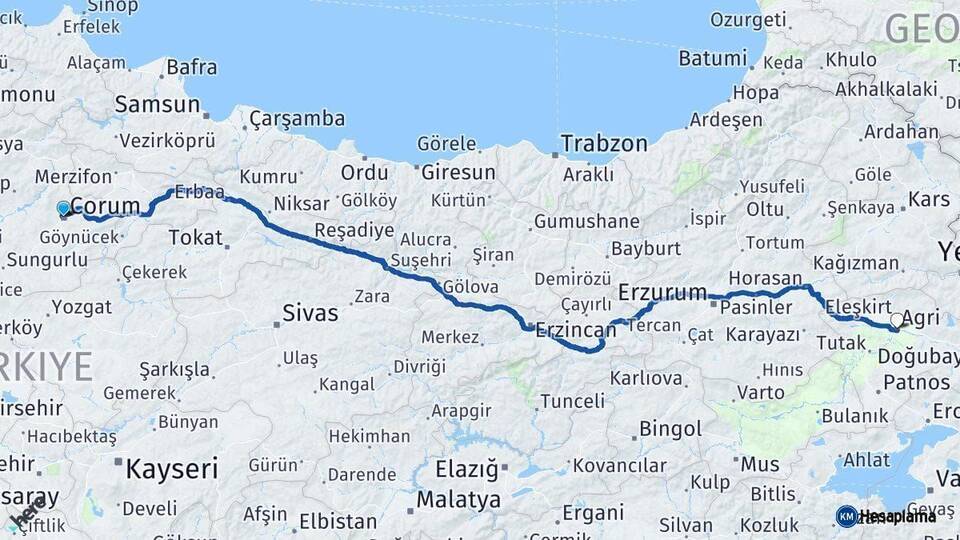 Çorum Ağrı Arası Kaç Km - Yol Haritası