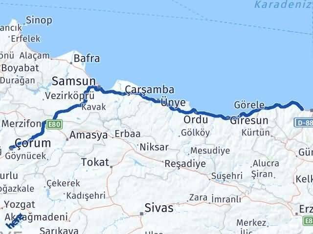 Çorum Akçaabat Trabzon Arası Kaç Km - Yol Haritası