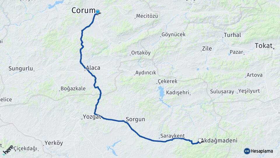 Çorum Akdağmadeni Yozgat Arası Kaç Km - Yol Haritası