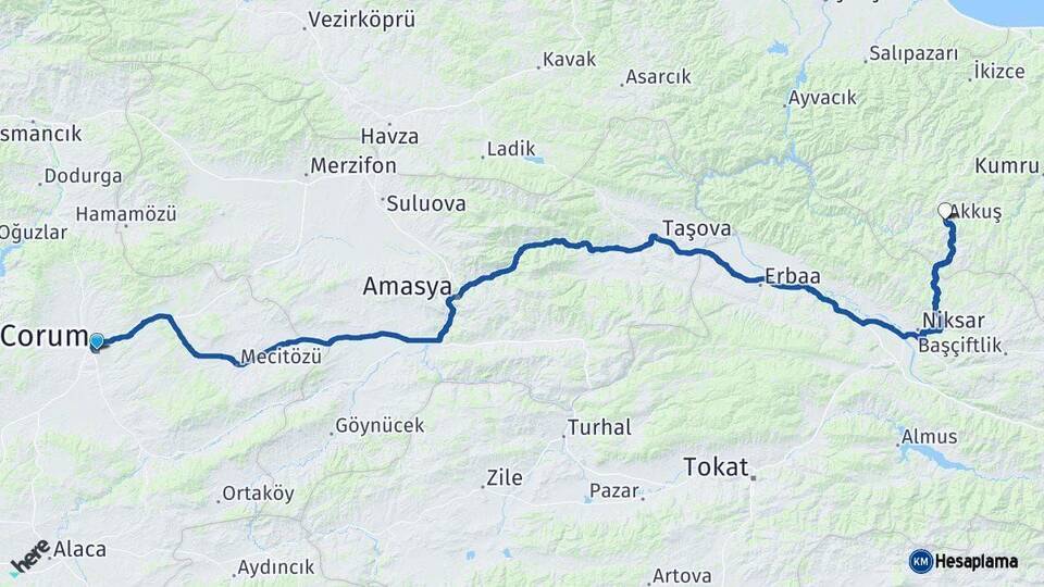 Çorum Akkuş Ordu Arası Kaç Km - Yol Haritası