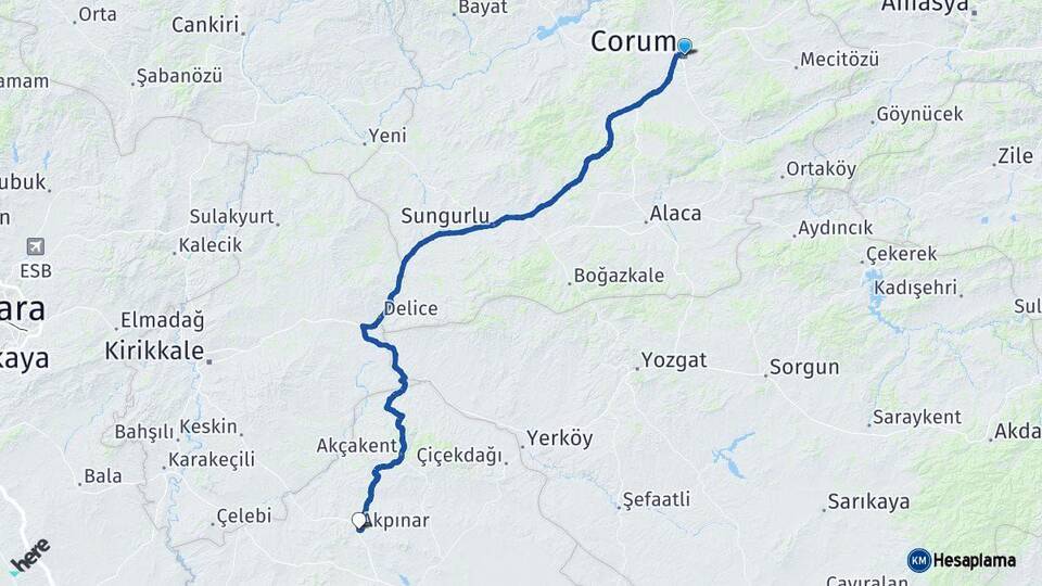 Çorum Akpınar Kırşehir Arası Kaç Km - Yol Haritası