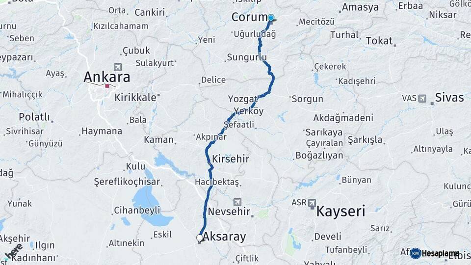 Çorum Aksaray Arası Kaç Km - Yol Haritası