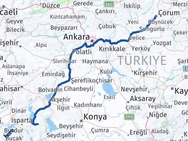 Çorum Aksu Isparta Arası Kaç Km - Yol Haritası