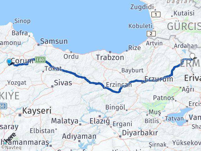Çorum Akyaka Kars Arası Kaç Km - Yol Haritası