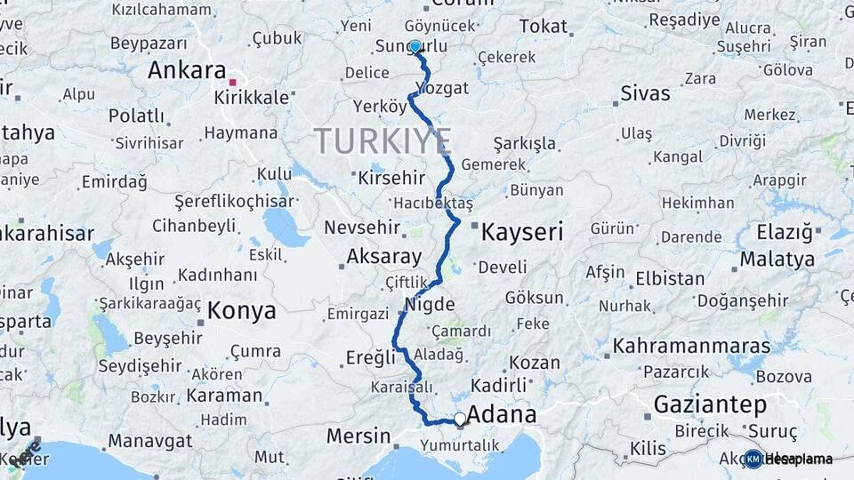 Çorum Alaca Adana Arası Kaç Km - Yol Haritası