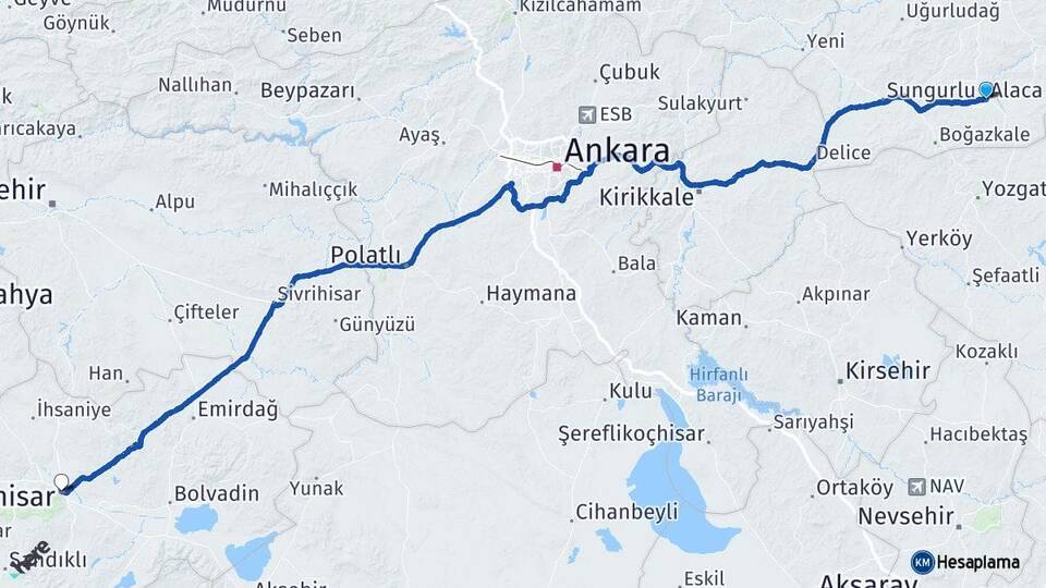 Çorum Alaca Afyonkarahisar Arası Kaç Km - Yol Haritası