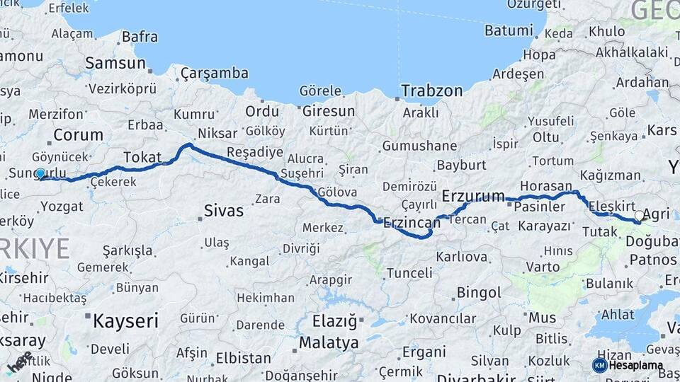 Çorum Alaca Ağrı Arası Kaç Km - Yol Haritası