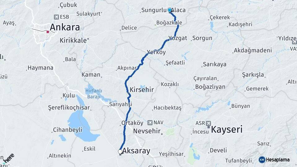 Çorum Alaca Aksaray Arası Kaç Km - Yol Haritası