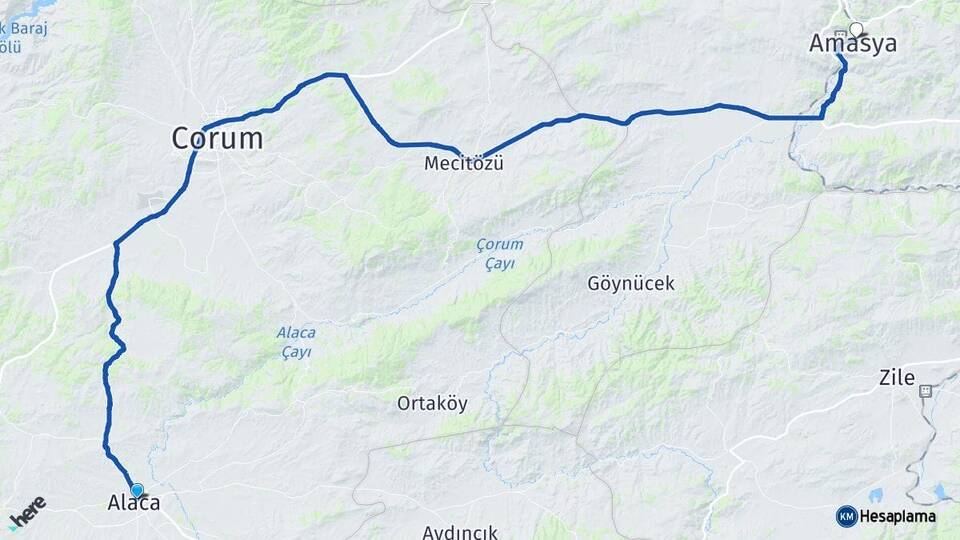 Çorum Alaca Amasya Arası Kaç Km - Yol Haritası
