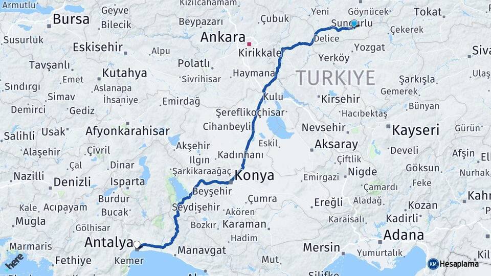Çorum Alaca Antalya Arası Kaç Km - Yol Haritası
