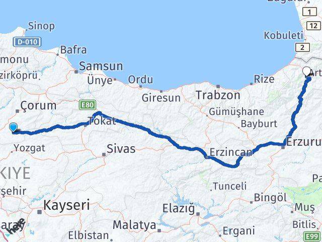 Çorum Alaca Artvin Arası Kaç Km - Yol Haritası