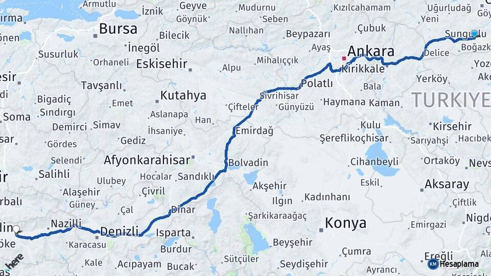 Çorum Alaca Aydın Arası Kaç Km - Yol Haritası