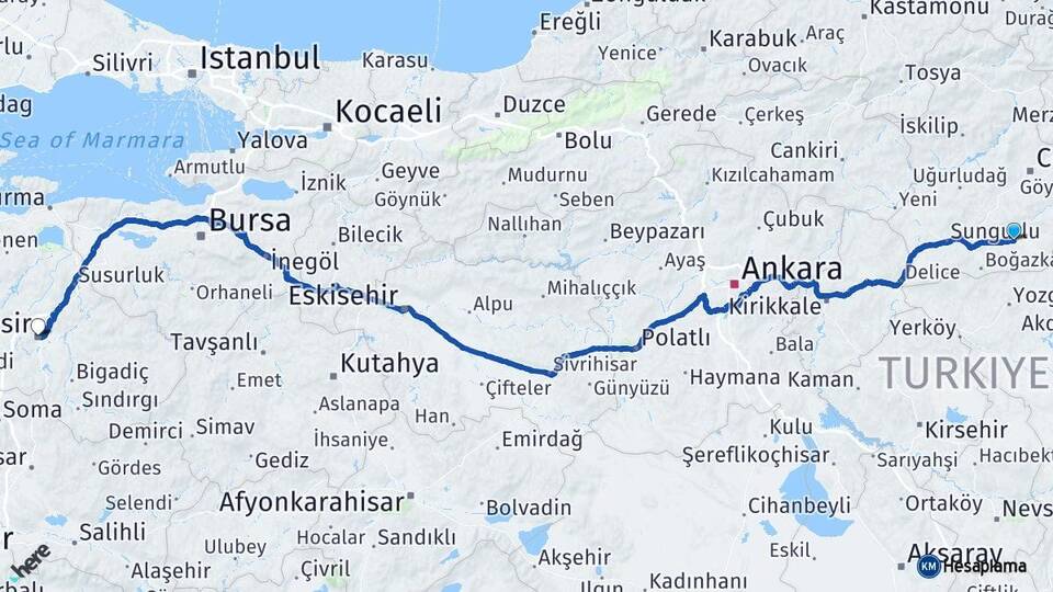 Çorum Alaca Balıkesir Arası Kaç Km - Yol Haritası