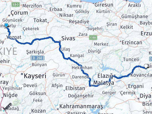 Çorum Alaca Bingöl Arası Kaç Km - Yol Haritası