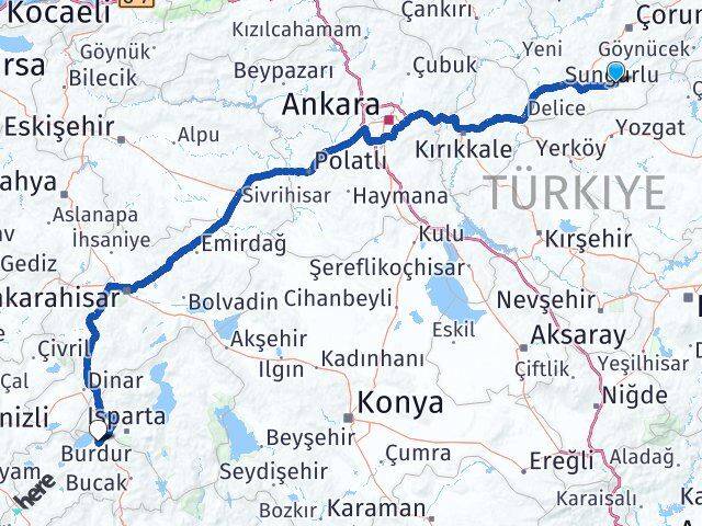 Çorum Alaca Burdur Arası Kaç Km - Yol Haritası
