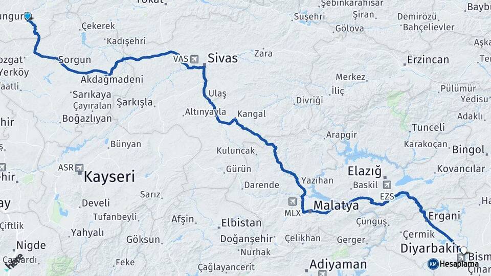 Çorum Alaca Diyarbakır Arası Kaç Km - Yol Haritası