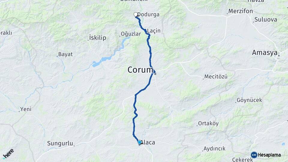 Çorum Alaca Dodurga Arası Kaç Km - Yol Haritası