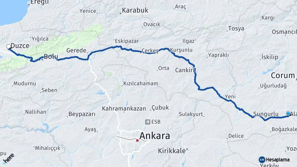 Çorum Alaca Düzce Arası Kaç Km - Yol Haritası