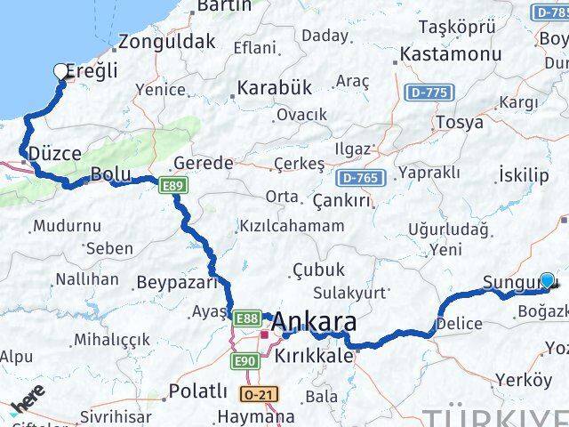 Çorum Alaca Ereğli Zonguldak Arası Kaç Km - Yol Haritası