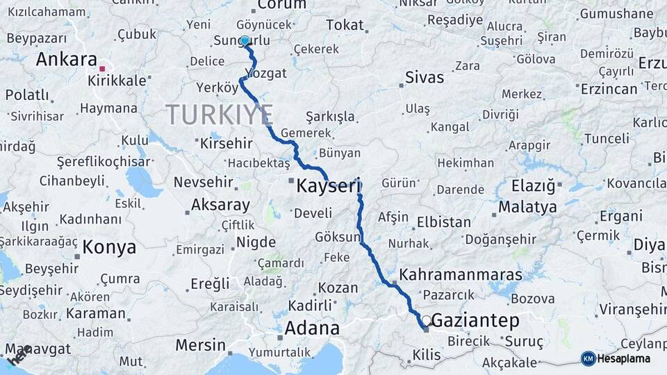 Çorum Alaca Gaziantep Arası Kaç Km - Yol Haritası