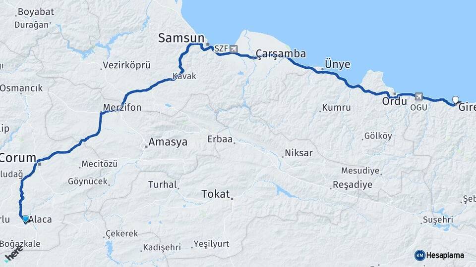 Çorum Alaca Giresun Arası Kaç Km - Yol Haritası