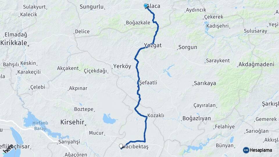 Çorum Alaca Hacıbektaş Nevşehir Arası Kaç Km - Yol Haritası